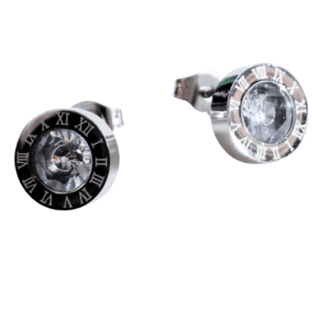 Roman number round stud earrings, Stainless-steel, Zircon centre, 10mm diameter stud, 6mm diameter stone
