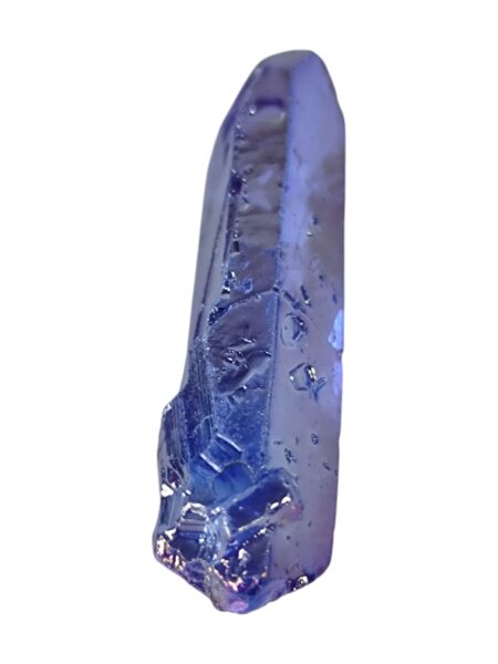 Blue aura quartz crystal with magenta shine and drilled hole through.