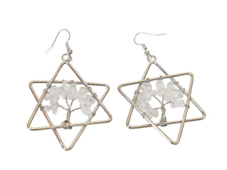 Star tree of life chip earrings, Clear quartz, 75mm.