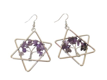 Star tree of life chip earrings, Amethyst, 75mm.