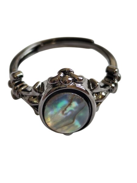 Black Dress Ring with Abalone Shell Cabochon, Adjustable