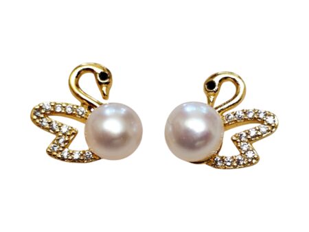 Swan Pearl Earrings, 7mm pearl, Gold