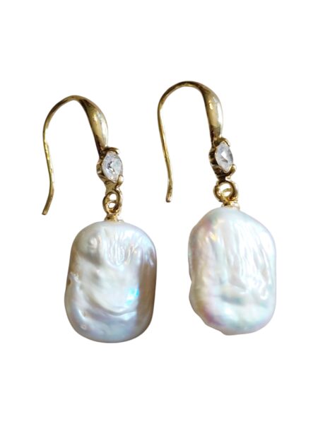 Rectangle AA quality Pearl Earrings, 17x13mm pearl, Gold