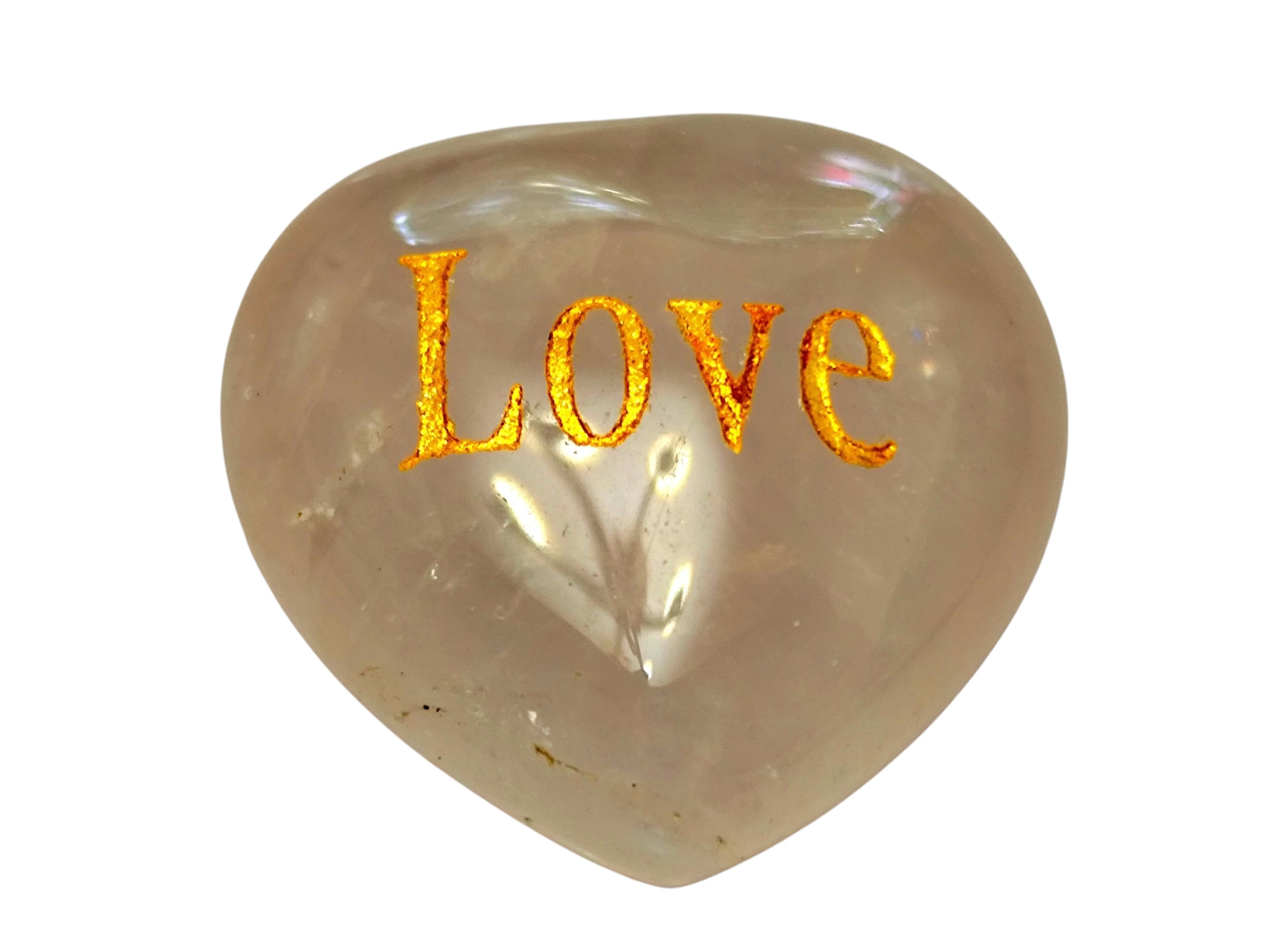 Rose quartz heart with LOVE inscription.