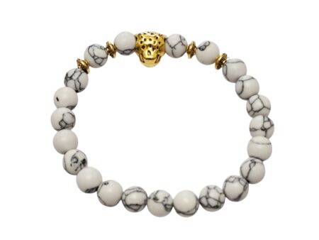 White 8mm howlite bead bracelet with leopard head