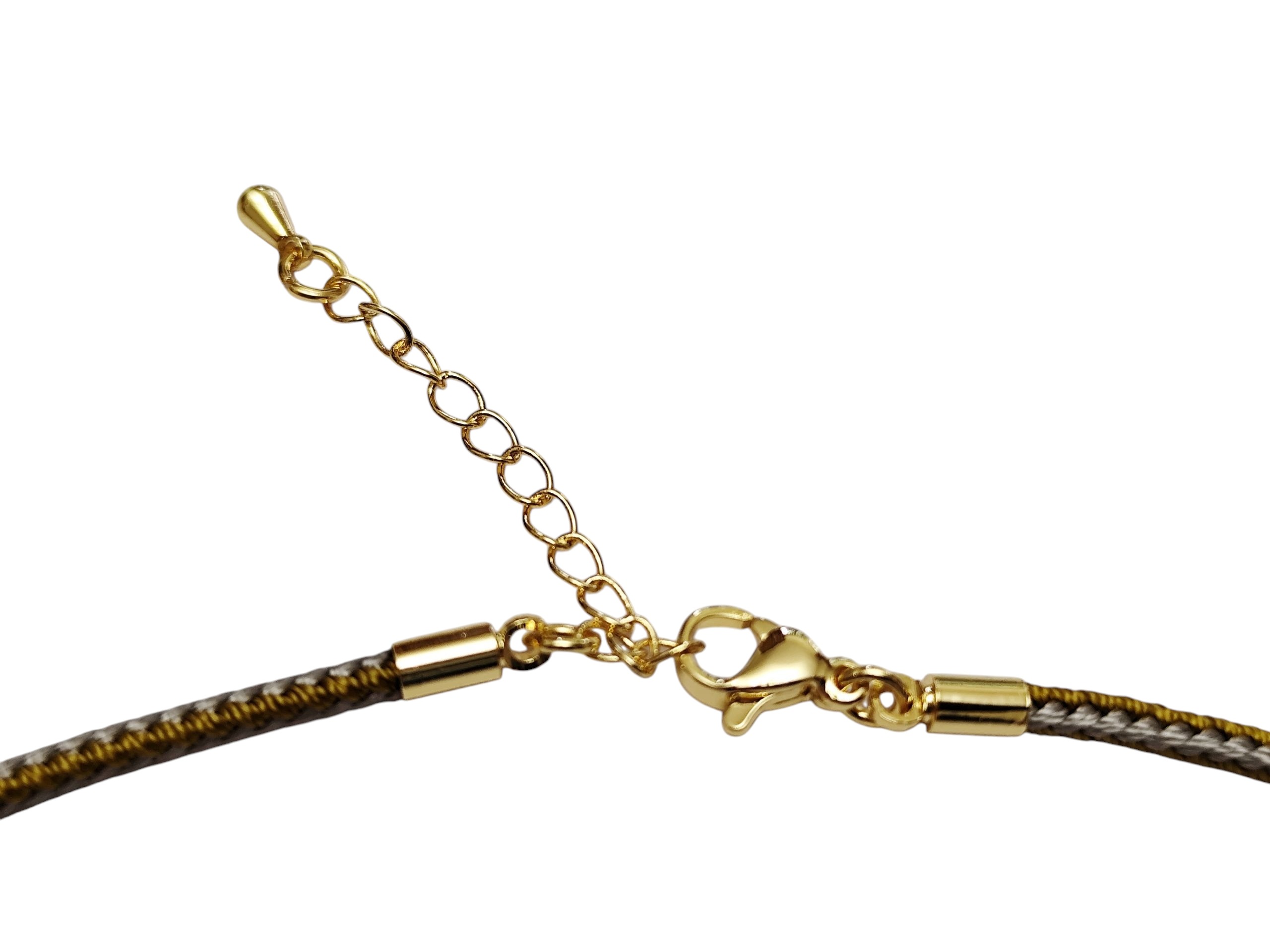 Woven fibre Khaki Green string w stainless steel clasp, 45cm w extender chain, Gold - Image 2