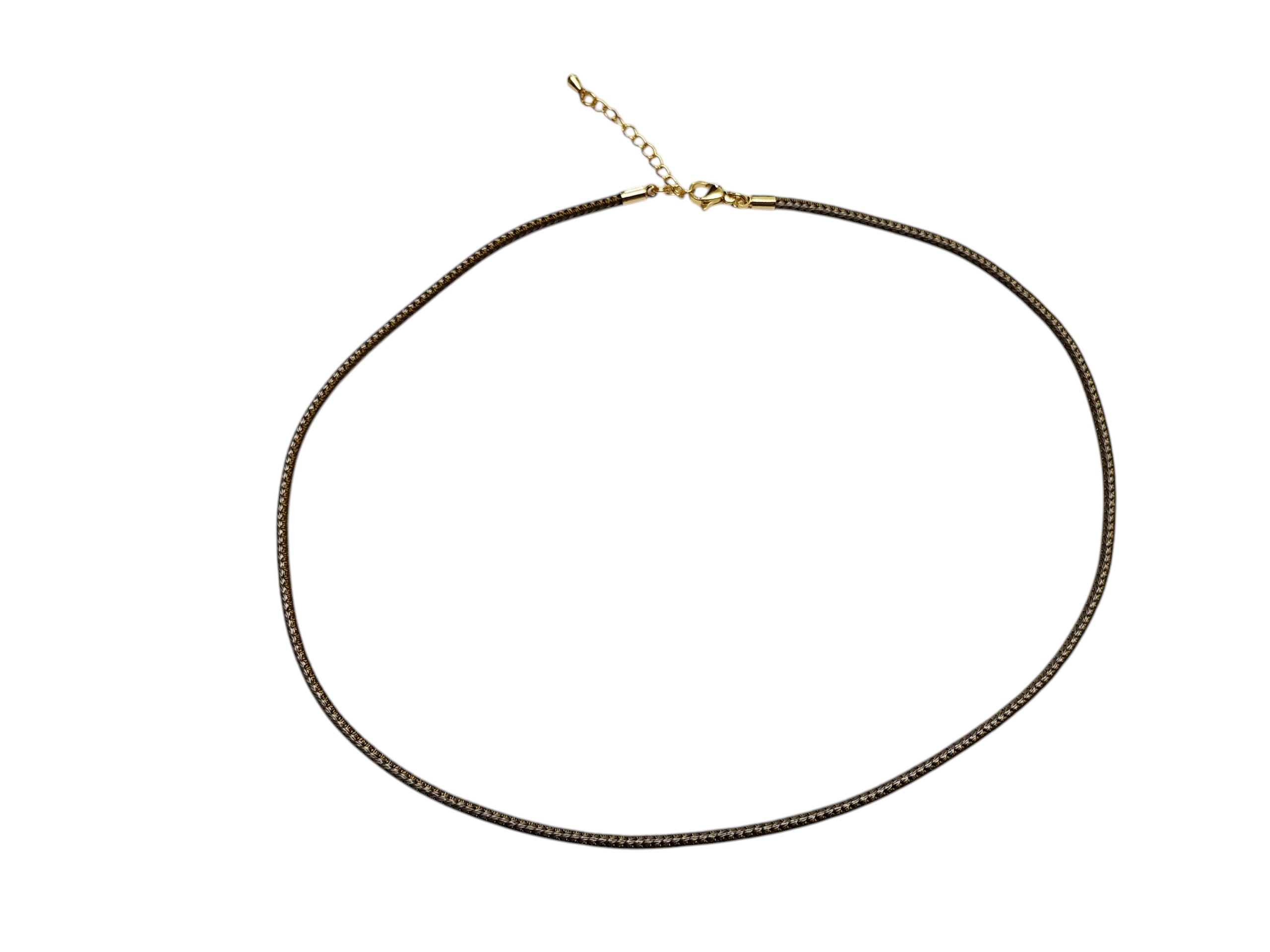 Woven fibre Khaki Green string w stainless steel clasp, 45cm w extender chain, Gold
