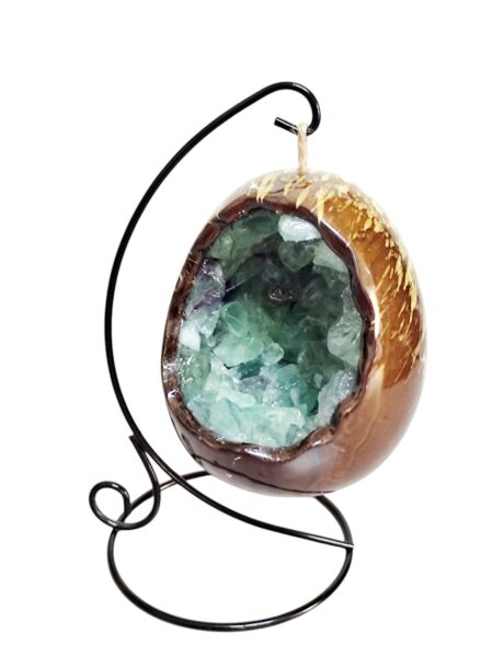 Coconut egg light with fluorite, 19.5cm high