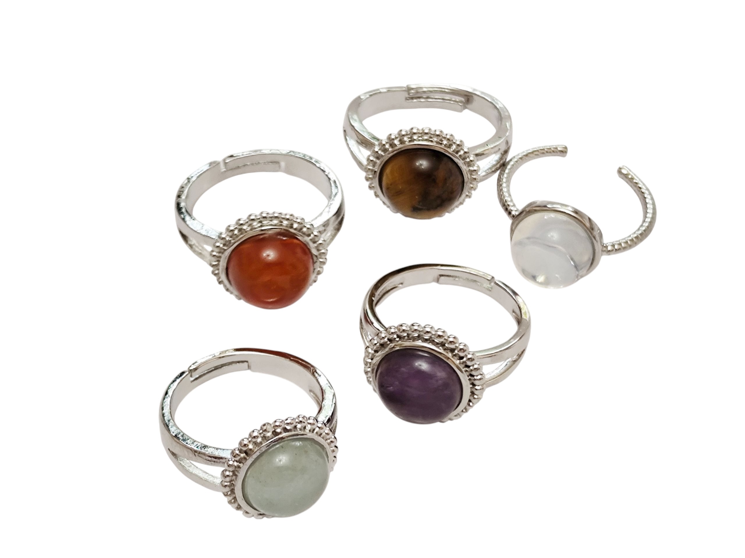 Mixed round cabochon gemstone ring, adjustable sizes. Various gemstones.