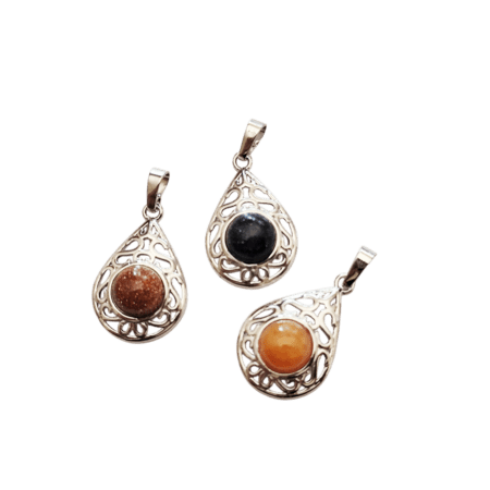 Filigree teardrop in Base Metal with various stones. 30mm excl bail