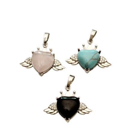 Heart w angel wings stone Pendant in Base Metal with various stones. 26mm excl bail