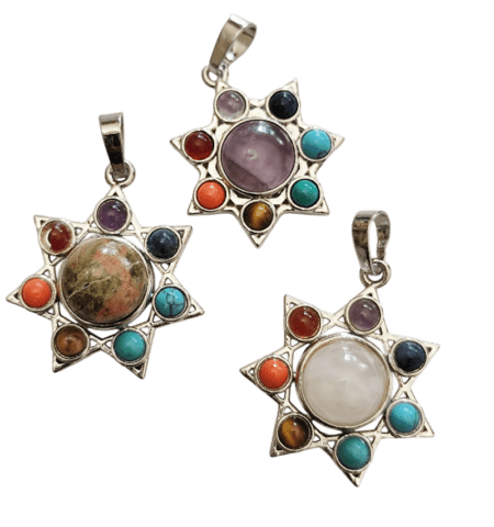 Chakra Star Pendant with various round Cabochon. 30mm
