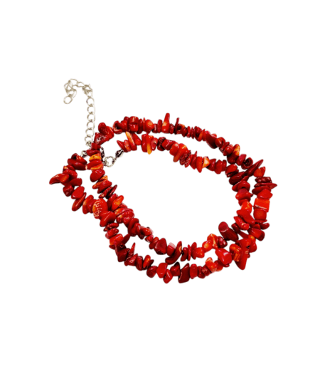 Chip string double bracelet or single 37cm necklace w 6cm extension chain, Red Corral