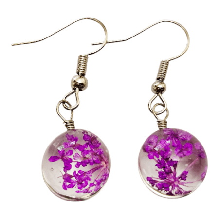 Dried flower glass earrings, purple, 35mm
