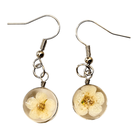 Dried flower glass earrings, white, 35mm