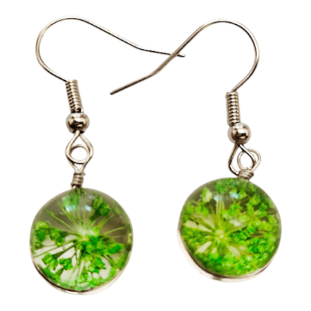 Dried flower glass earrings, green, 35mm