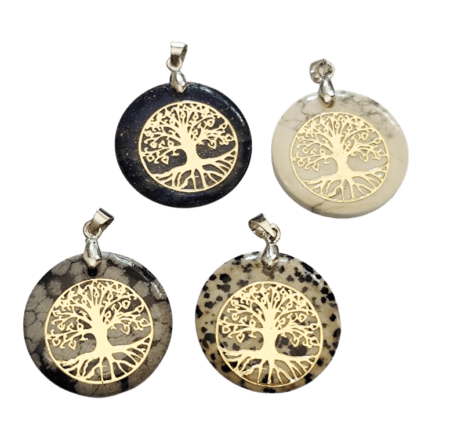 Tree of life in gold Pendant with various Round stone Cabochon. 24mm
