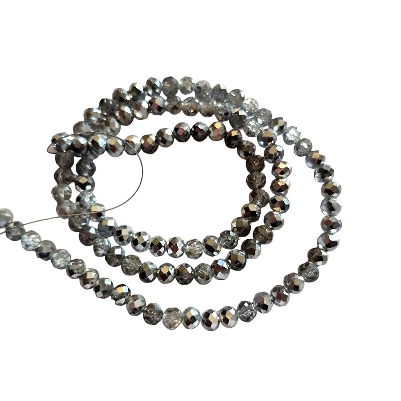 Glass bead string, faceted, rondelle, 3x4mm, Metallic silver, 40cm
