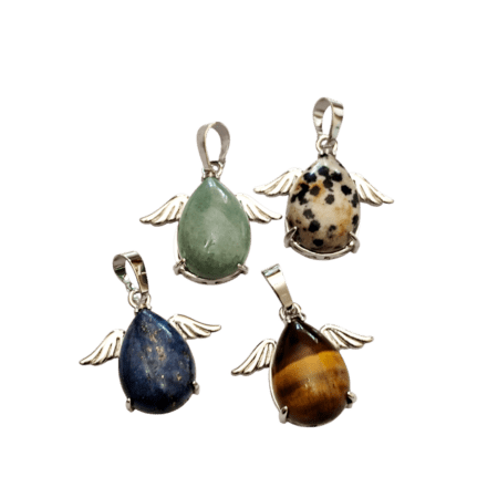 Teardrop w angel wings stone Pendant in Base Metal with various stones. 24mm excl bail
