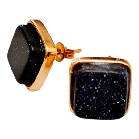 12mm square rose gold stud earring with Blue goldstone inserts.