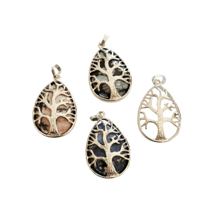 Tree of life Teardrop Pendant in Base Metal with various stones. 38mm