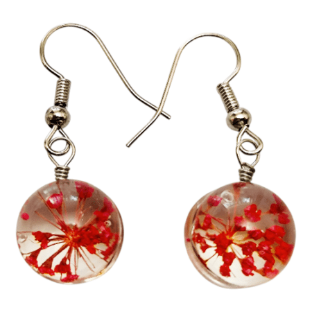Dried flower glass earrings, red, 35mm