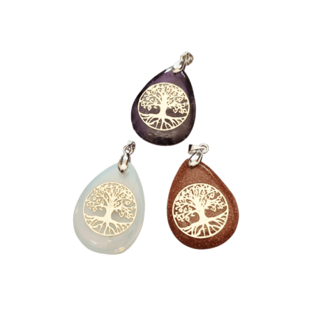 Tree of life in gold Pendant with various Teardrop Cabochon. 32mm