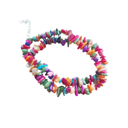Chip string double bracelet or single 37cm necklace w 6cm extension chain, Mixed coloured shell
