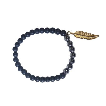 Matte obsidian with hematite bead bracelet with gold color feather charm, stretch cord