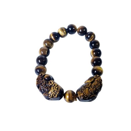 Tiger eye bead bracelet with two carved Pixiu spacer beads 10mm