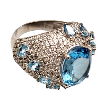 Swiss Blue Topaz with CZ stone cluster ring in 925 silver, size 8