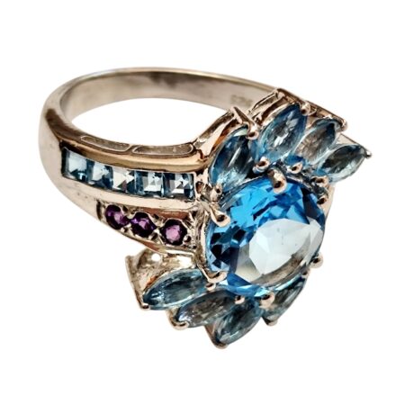 Swiss Blue Topaz and amethyst cluster ring in 925 silver, size 9