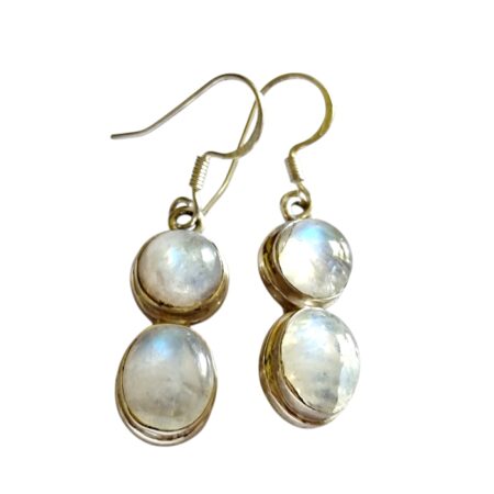 Rainbow Moonstone cabochon dangle earrings, Oval and round cut, set in 925 silver