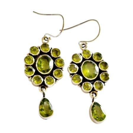 Peridot dangle earrings, Oval, round and pear cut, set in 925 silver