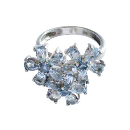 Blue Topaz flower bouquet desing ring set in 925 silver, size 8
