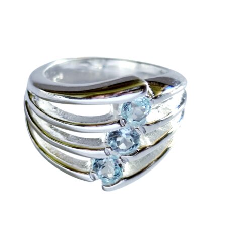 Blue Topaz round briliant cut ring with multi-band design set in 925 silver, size 6