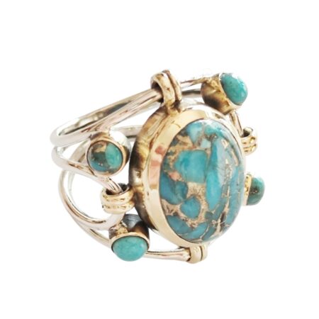 Blue copper turquoise cabochon vintage style cocktail ring set in 925 silver with Brass plating, size 8