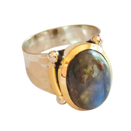 Labradorite oval cut cabochon with cocktail ring set in 925 silver with Brass plating, size 7
