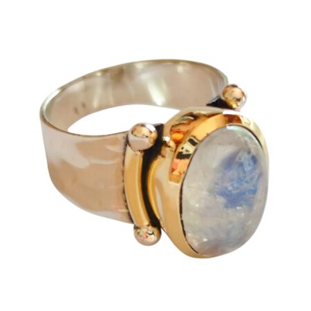 Moonstone oval cut cabochon with cocktail ring set in 925 silver with Brass plating, size 8