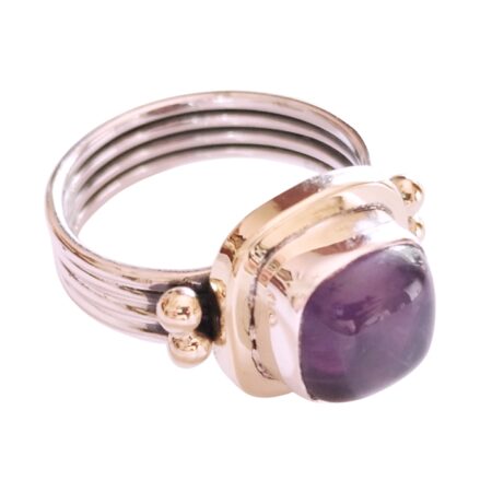 Amethyst cushion cut cabochon cocktail ring set in 925 silver with Brass plating, size 9