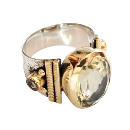 Green amethyst with 2 round cut citrine cabochons cocktail ring set in 925 silver with Brass plating, size 9