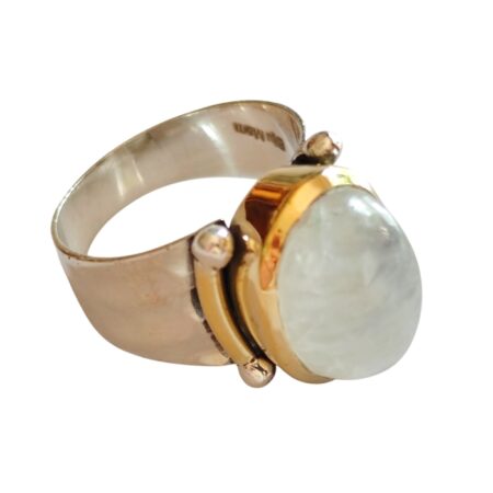 Moonstone oval cut cabochon with cocktail ring set in 925 silver with Brass plating, size 7