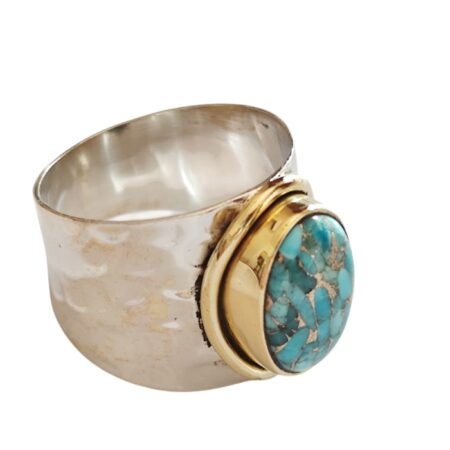 Blue copper turquoise oval cut cabochon with cocktail ring set in 925 silver with Brass plating, size 9