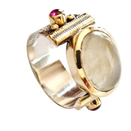 Rutilated quartz with 2 garnet cabochons cocktail ring set in 925 silver with Brass plating, size 9