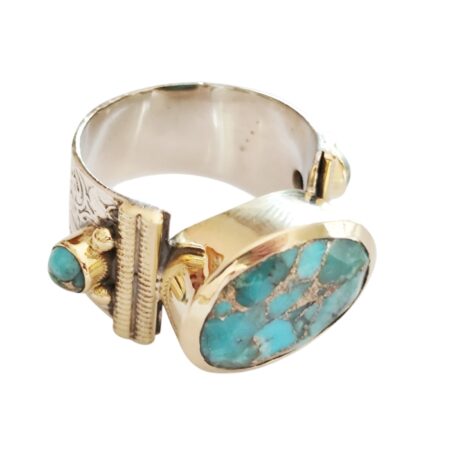 Blue copper turquoise with 2 small round cabochons cocktail ring set in 925 silver with Brass plating, size 8