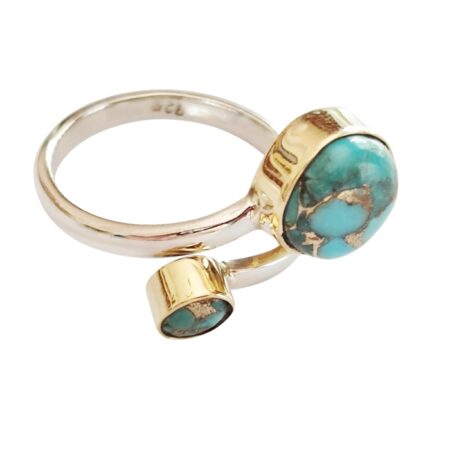 Blue copper turquoise round cabochons cocktail ring set in 925 silver with Brass plating, size 9