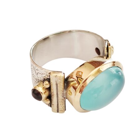 Aqua Chalcedony with 2 garnet cabochons cocktail ring set in 925 silver with Brass plating, size 9