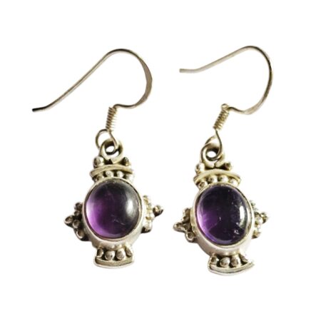 Amethyst cabochon dangle Bohemian style earrings, Oval cut, set in 925 silver