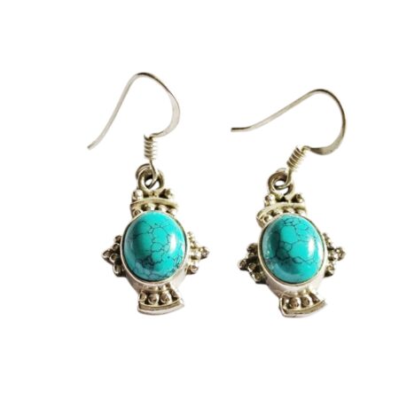 Turquoise cabochon dangle Bohemian style earrings, Oval cut, set in 925 silver