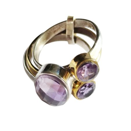 Amethyst faceted stones with rhodium plating over brass multi-band design  set in 925 silver, size 8